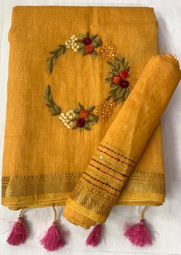Nirvana Silk Linen Hand Embroidery Saree By Rank Never Retires
