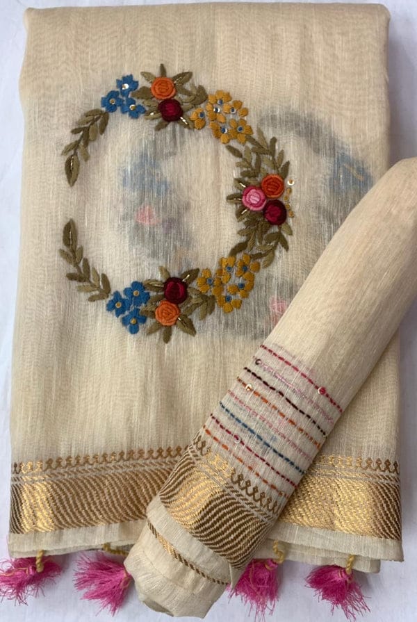 Nirvana Silk Linen Hand Embroidery Saree By Rank Never Retires