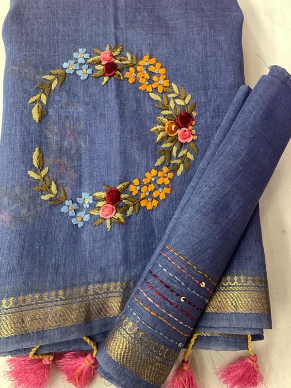 Nirvana Silk Linen Hand Embroidery Saree By Rank Never Retires