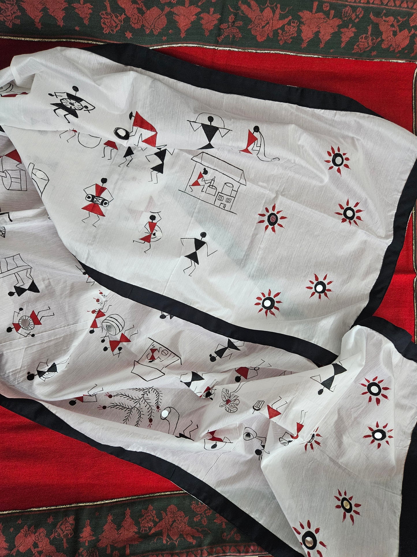 Handpainted Cotton Warli Art Dupatta by RNR