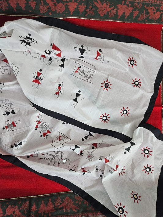 Handpainted Cotton Warli Art Dupatta by RNR