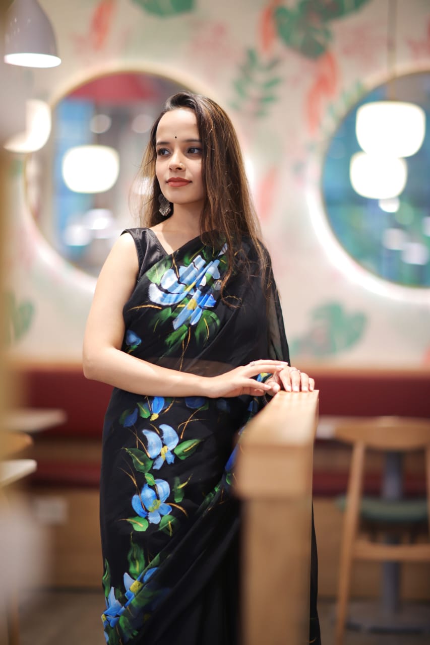 Pure Chiffon Black Beauty Handpainted Saree by RNR