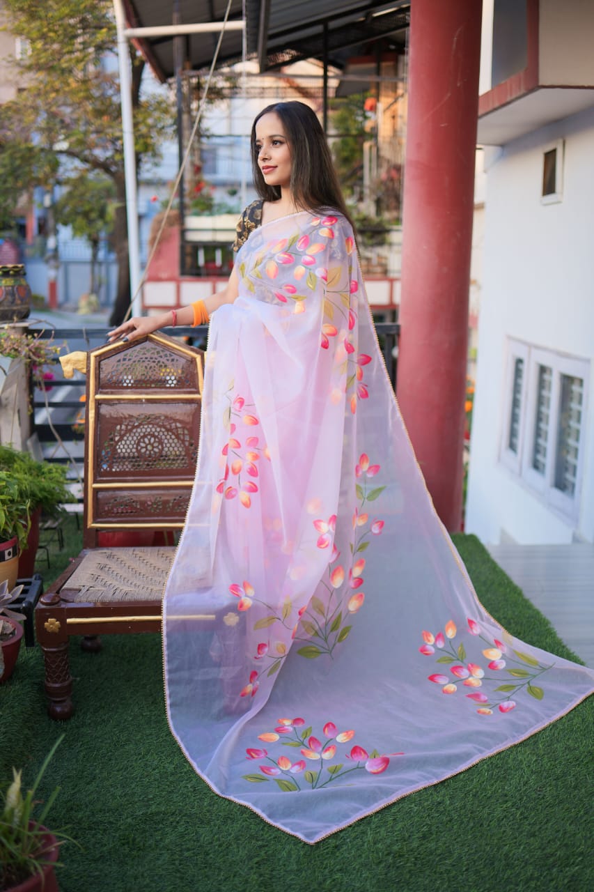 Pink Bloom Handpainted Saree by RNR
