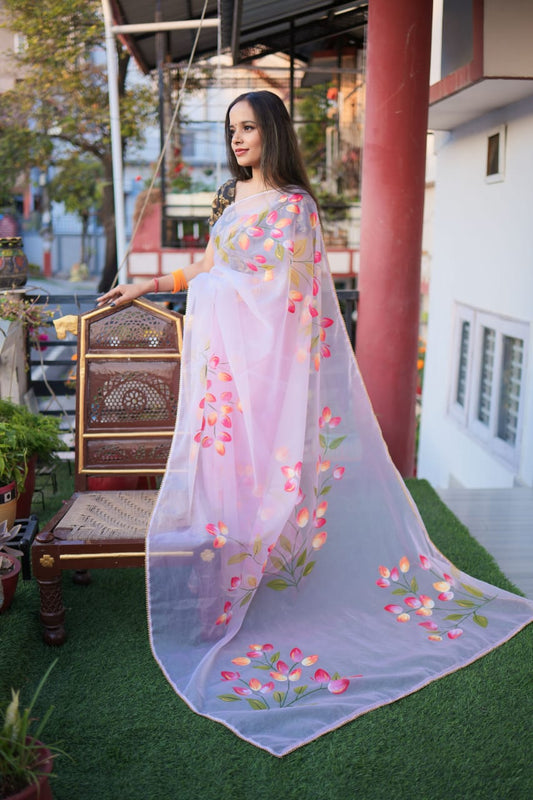 Pink Bloom Handpainted Saree by RNR