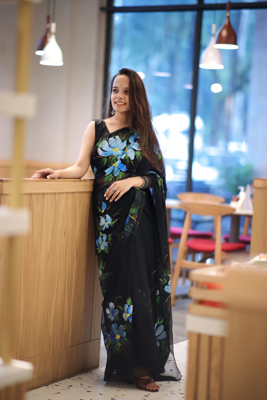 Pure Chiffon Black Beauty Handpainted Saree by RNR