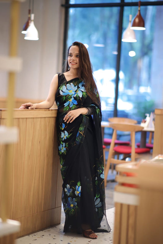 Pure Chiffon Black Beauty Handpainted Saree by RNR