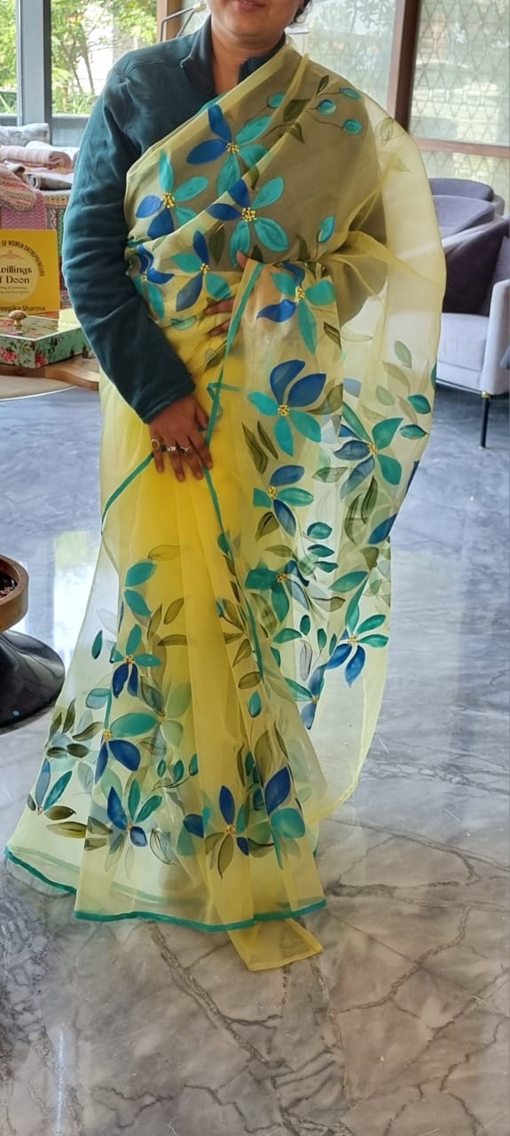 Yellow and Blue Palette Handpainted Saree by RNR