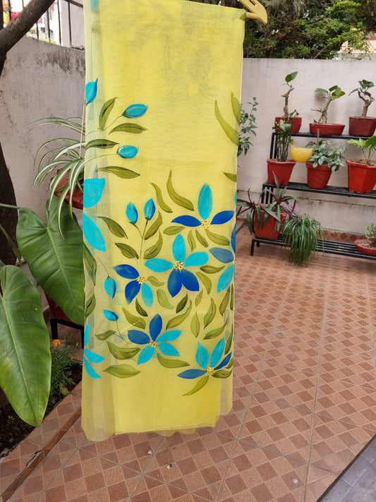 Yellow and Blue Palette Handpainted Saree by RNR