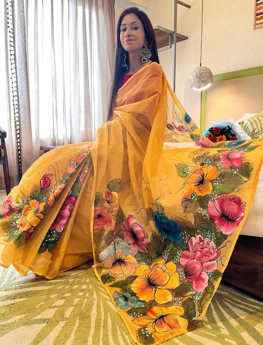 Mustard Glow Kota Cotton Handpainted Saree by RNR