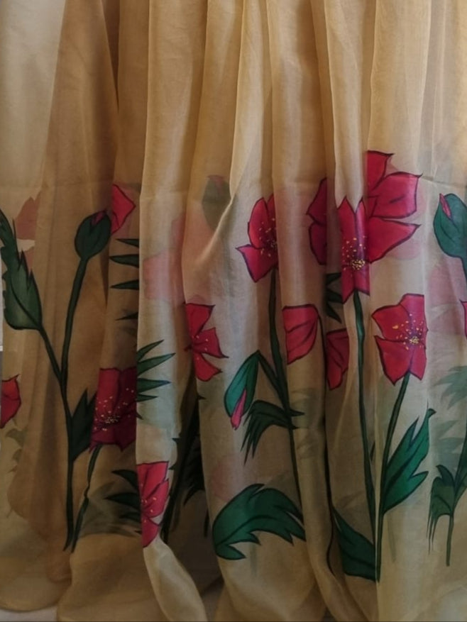 Beige Floral Handpainted Saree by RNR