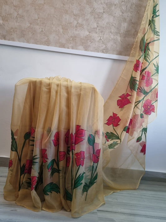 Beige Floral Handpainted Saree by RNR