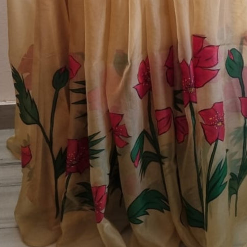Beige Floral Handpainted Saree by RNR