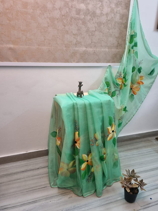 Light Green Handpainted Saree by RNR