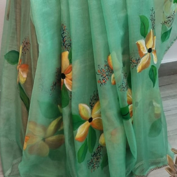 Light Green Handpainted Saree by RNR