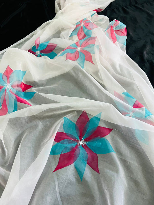 Colorful Handpainted Dupattas - White & Big Florals - RANK NEVER RETIRES