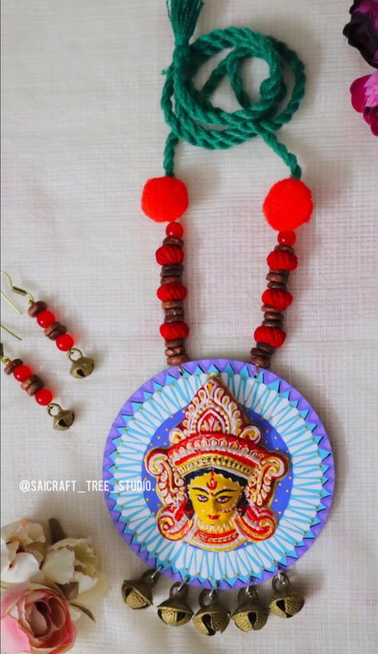 Handmade Necklace Set - Maa Durga Blue and Red - RANK NEVER RETIRES
