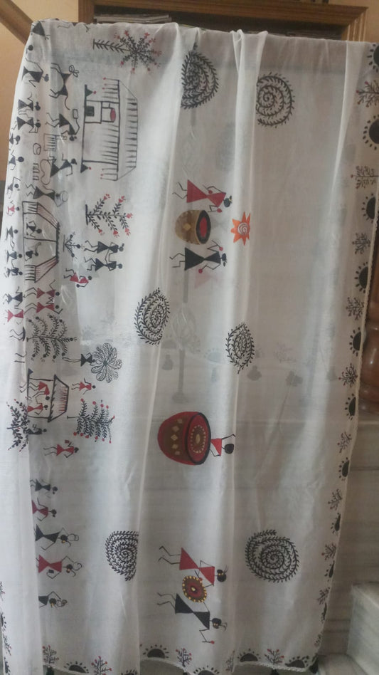 Warli Art Handpainted Cotton Dupatta - White by RNR